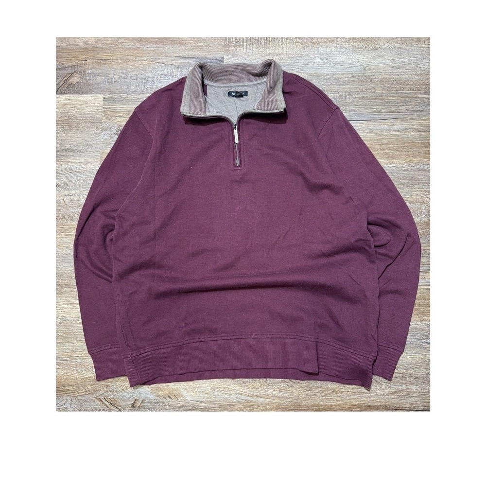 Van Heusen Mens XL Quarter Zip Pullover Burgundy Ribbed‎ Knit Contrast Collar